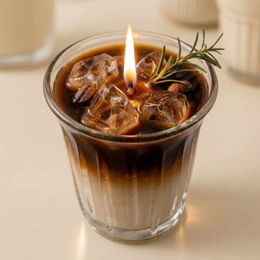 A lit candle in a ribbed clear glass cup, styled like iced coffee with dark and light layers, ice cubes, a small sprig of rosemary, and a visible flame. The candle is photographed on a warm cream surface with softly blurred white objects in the background.