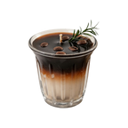 A glass jar candle with a dark brown and light beige layered design, topped with coffee beans and a green rosemary sprig, isolated on a white background.