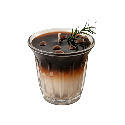 A glass jar candle with a dark brown and light beige layered design, topped with coffee beans and a green rosemary sprig, isolated on a white background.