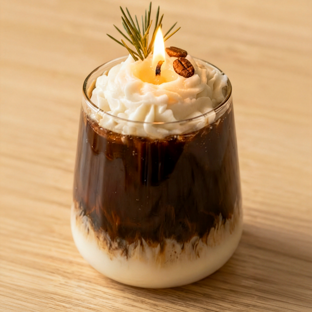 A glass candle styled like a layered coffee drink, with dark brown coffee on top of a creamy white base, topped with whipped cream, a small pine sprig, and two coffee beans, lit with a flame on a wooden surface.