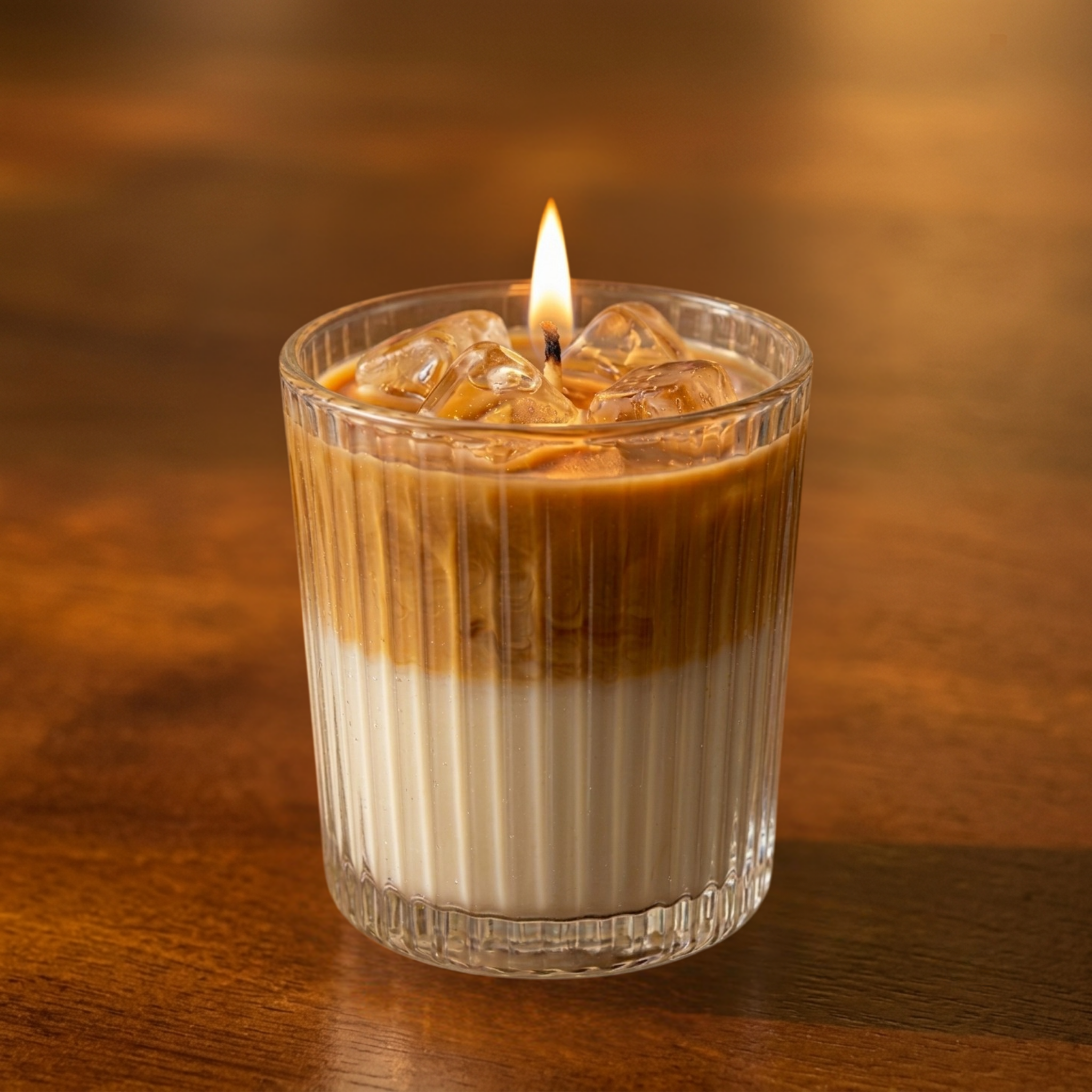 A lit candle in a ribbed clear glass tumbler filled with layered coffee and milk textures and ice, set on a warm wooden surface.