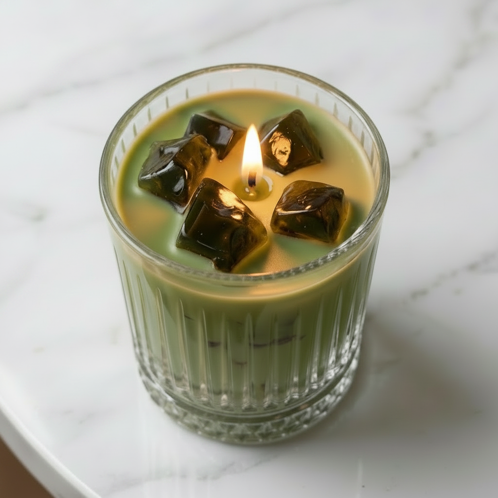 A lit candle in a ribbed clear glass jar sits on a white marble surface. The wax is pale green, and the top is decorated with five dark amber-brown translucent cube-like wax pieces around a small flame.